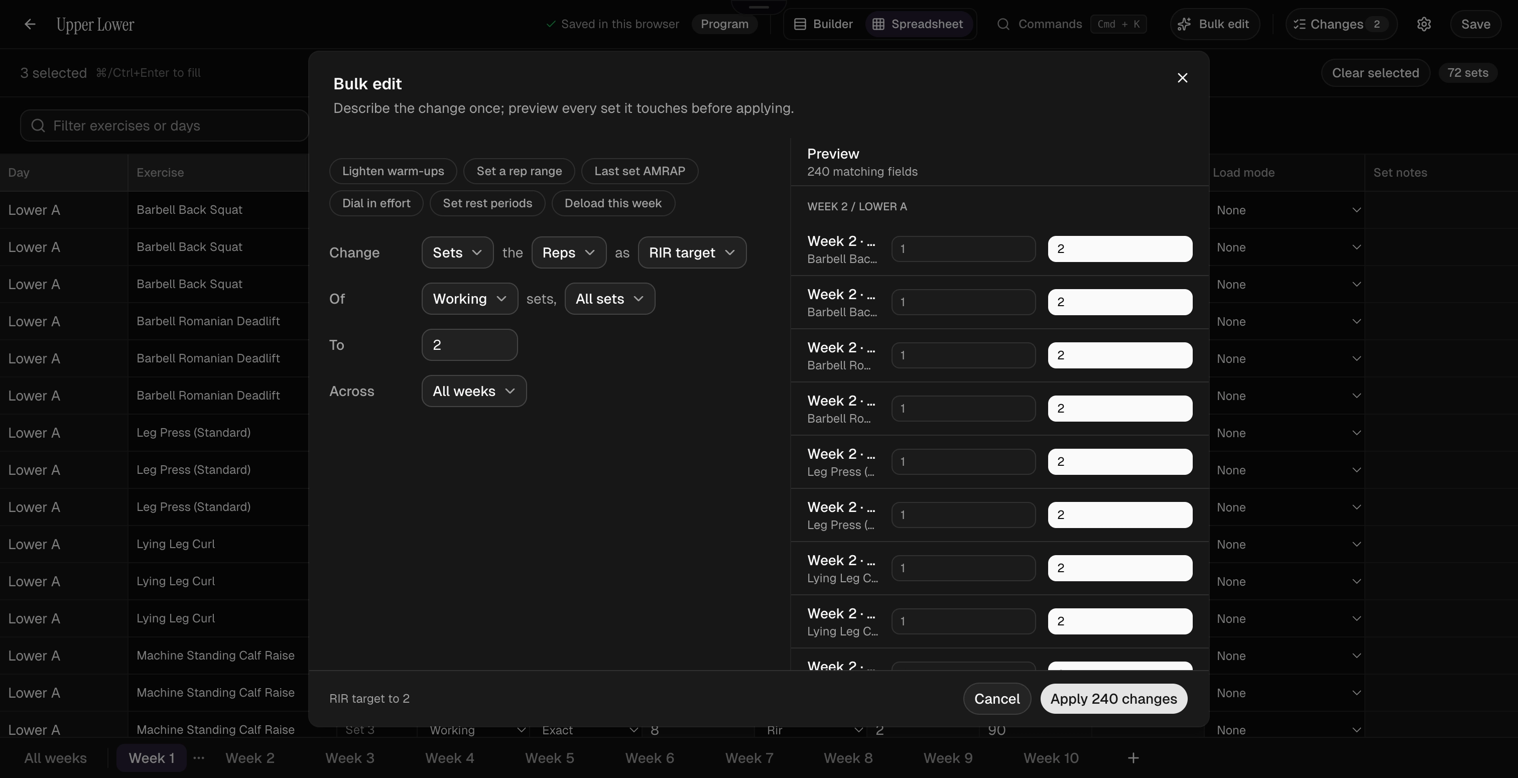 Method bulk edit dialog: one rule setting the RIR target of all working sets across all weeks, with a preview of all 240 matching fields before applying.