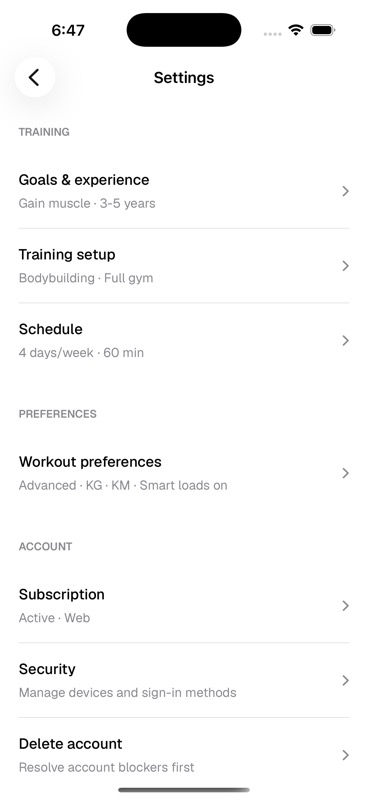 Method iOS Settings screen with training, preferences, subscription, security, and account deletion rows.