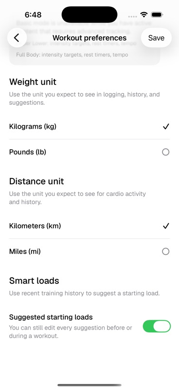 Method iOS Workout preferences screen scrolled to weight unit, distance unit, and smart loads.
