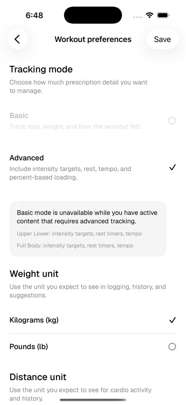 Method iOS Workout preferences screen showing tracking mode, unit choices, and smart loads.