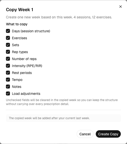 Method program builder showing the Copy Week dialog.