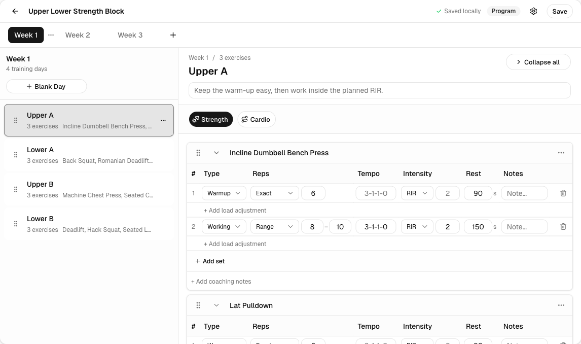 Method program builder with week tabs and the training day rail visible.