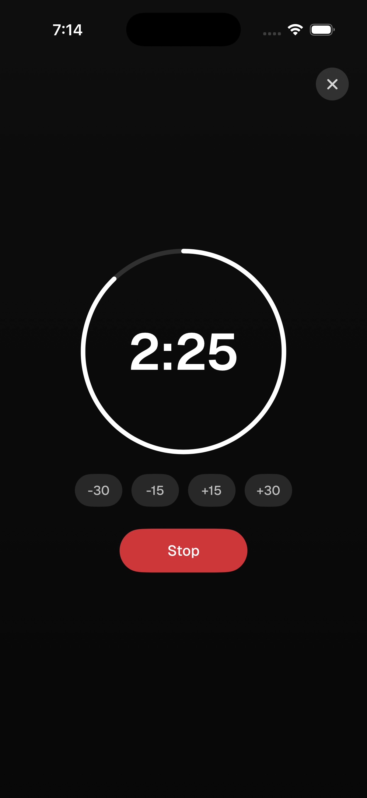 Method rest timer on iPhone: a 2:25 countdown ring with quick adjust buttons for plus and minus fifteen and thirty seconds.