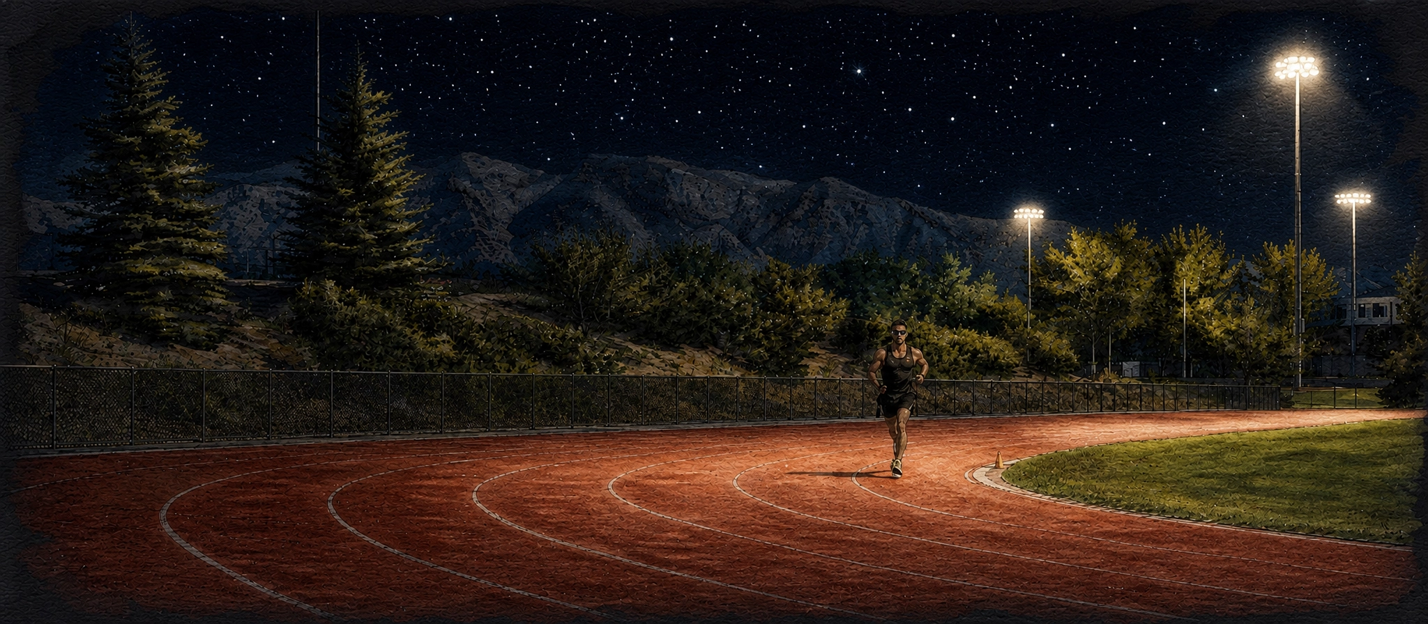 Watercolor painting of a runner training alone on an outdoor track, mountains in the distance.