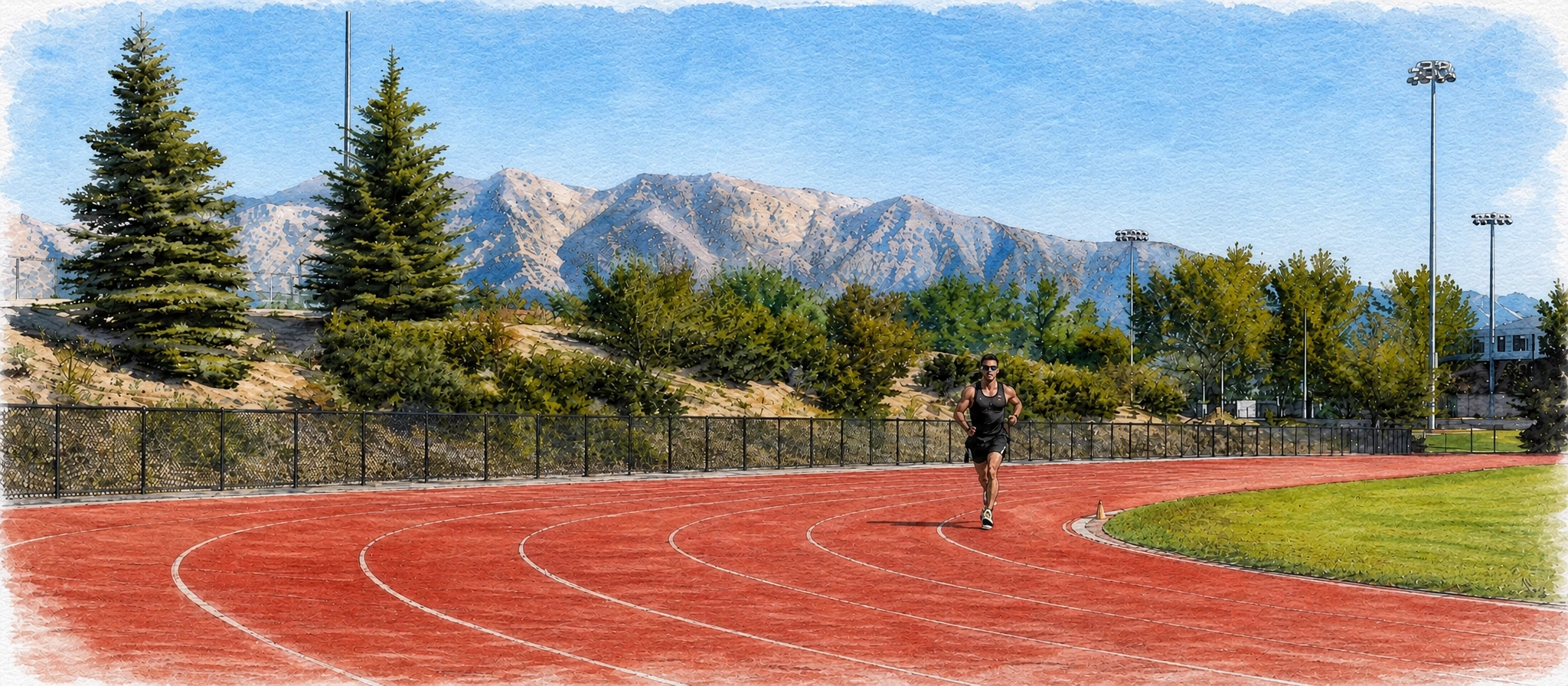 Watercolor painting of a runner training alone on an outdoor track, mountains in the distance.